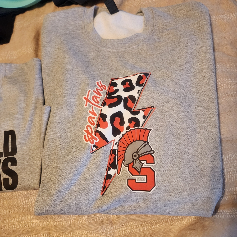 Gray and Red Crew Neck Sweater with Dynamic Graphic Design